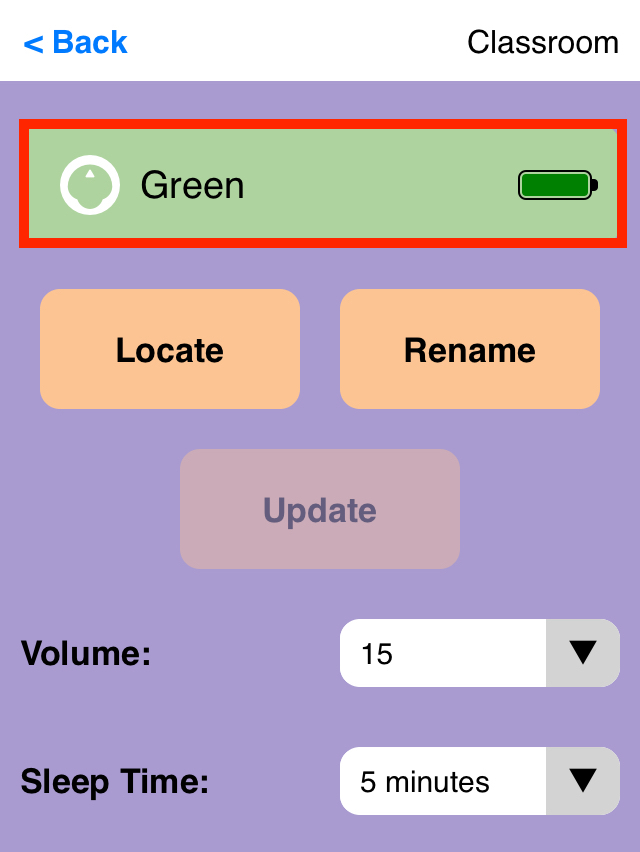 Screenshot der VEX Classroom App mit geöffnetem 123-Robotermenü und grün angezeigtem Roboternamen, um anzuzeigen, dass die Aktualisierung abgeschlossen ist.
