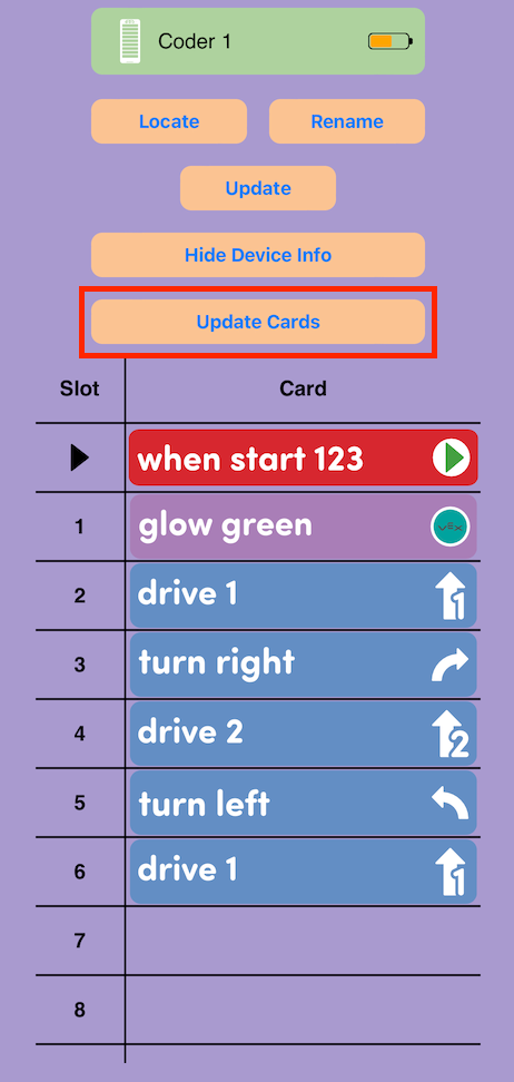ภาพหน้าจอของแอป VEX Classroom ที่มีเมนูของ Coder เปิดอยู่และแสดงข้อมูลการ์ด Coder ปุ่ม 'อัปเดตการ์ด' จะถูกเน้นไว้
