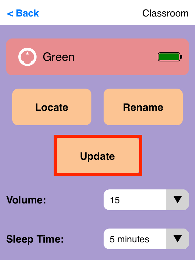 Captura de pantalla de la aplicación VEX Classroom con un menú de 123 Robot desactualizado abierto y el botón "Actualizar" en el centro de la pantalla resaltado.