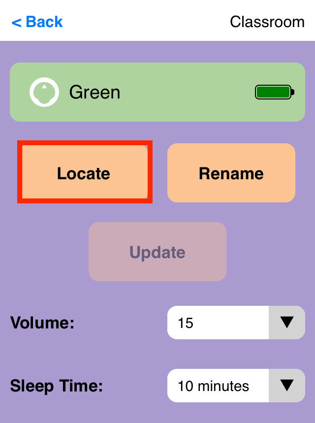 Schermafbeelding van de VEX Classroom-app met het menu van een 123-robot geopend en de knop 'Zoeken' links gemarkeerd.