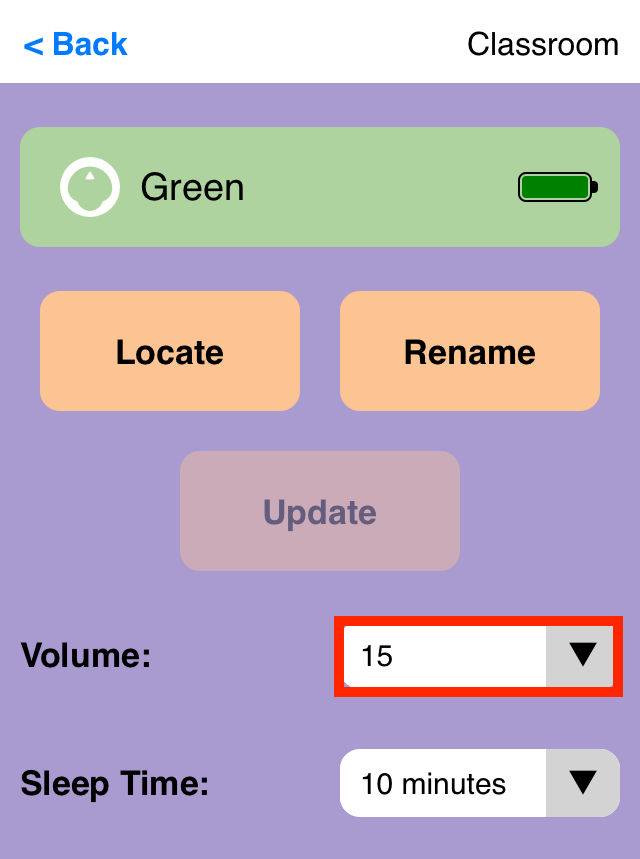 Schermafbeelding van de VEX Classroom-app met het menu van een 123-robot geopend en de vervolgkeuzeknop Volume rechtsonder gemarkeerd.