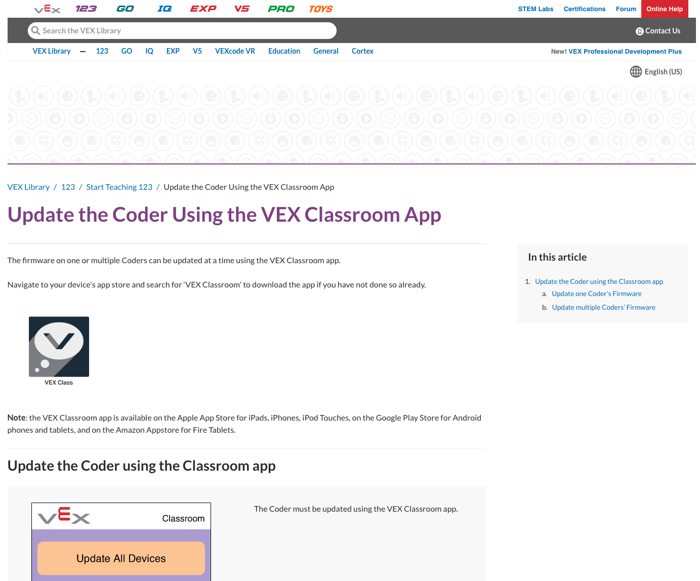 Schermafbeelding van een VEX-bibliotheekartikel dat is geopend via het Help-scherm van de VEX Classroom-app.