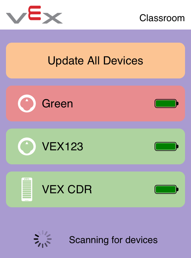 Capture d'écran de l'application VEX Classroom avec divers appareils VEX connectés dans une liste. Un robot 123 est affiché en rouge, indiquant qu'il doit être mis à jour.