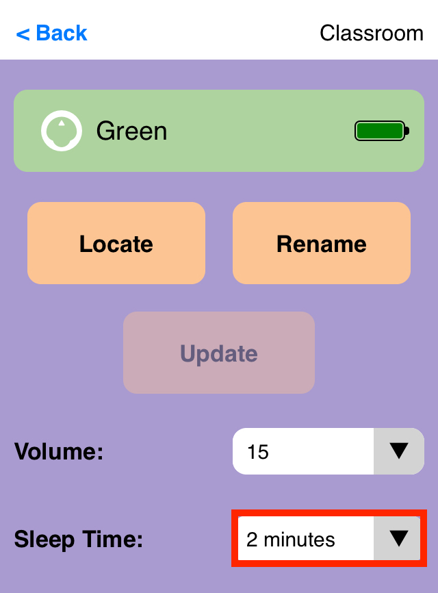 Screenshot der VEX Classroom App mit geöffnetem 123-Robotermenü und hervorgehobenem aktualisierten Schlafzeitwert unten rechts.