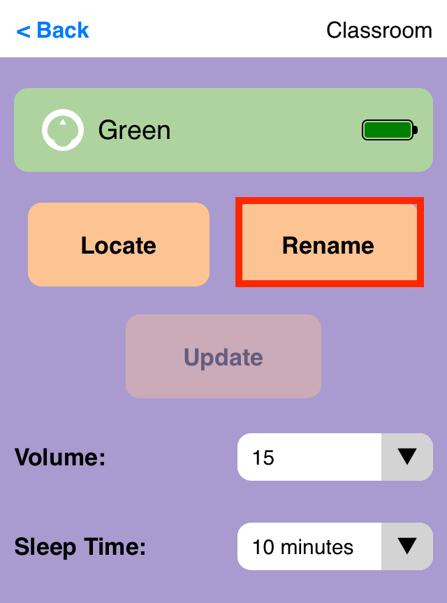 Képernyőkép a VEX Classroom App alkalmazásról, ahol a 123 Robot menüje megnyílt, és a jobb oldali 'Rename' gomb ki van emelve.