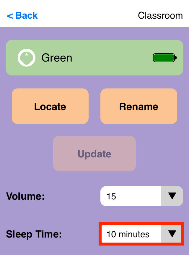 Screenshot dell'app VEX Classroom con il menu del robot 123 aperto e il pulsante a discesa Sleep Time evidenziato in basso a destra.