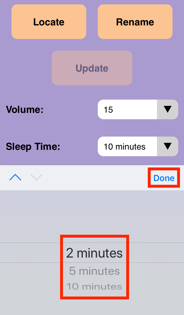 Screenshot dell'app VEX Classroom con il menu del robot 123 aperto e il menu a discesa Sleep Time aperto. È possibile modificare il tempo di sospensione su 2 minuti, 5 minuti o 15 minuti prima di premere il pulsante Fine per chiudere il menu.