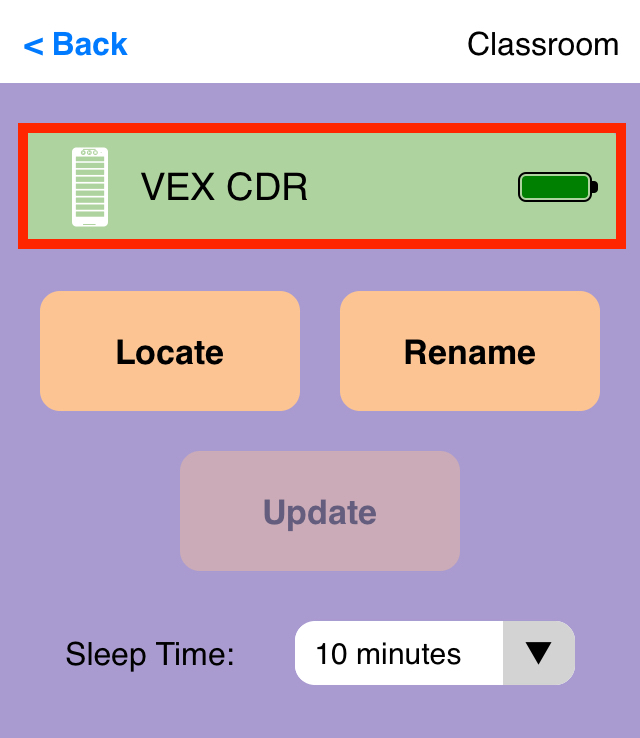 Capture d'écran de l'application VEX Classroom avec le menu du codeur ouvert et le nom changé pour lire « VEX CDR ».