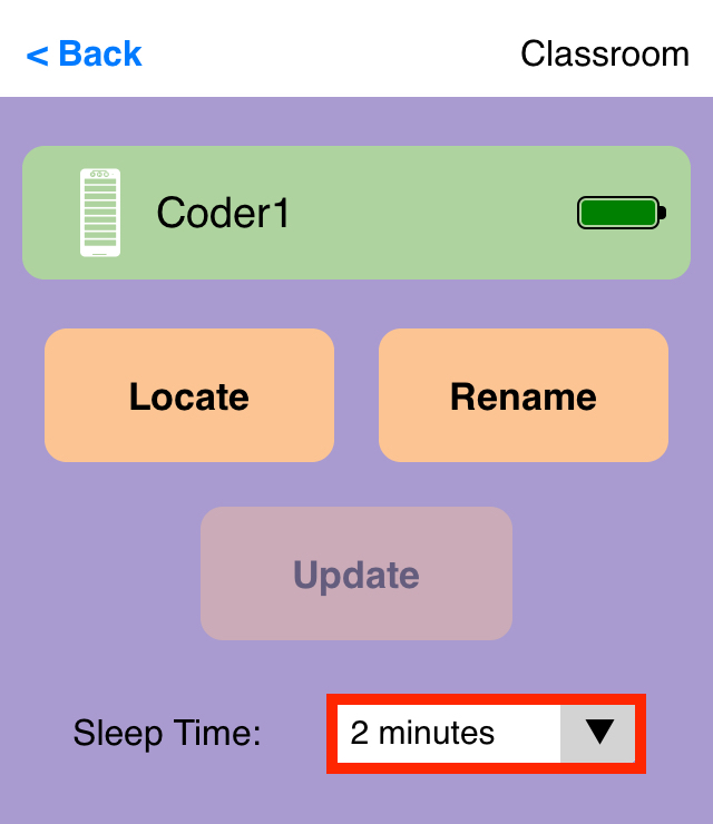 Schermafbeelding van de VEX Classroom-app met een geopend programmeursmenu en de bijgewerkte waarde voor de slaaptijd rechtsonder gemarkeerd.