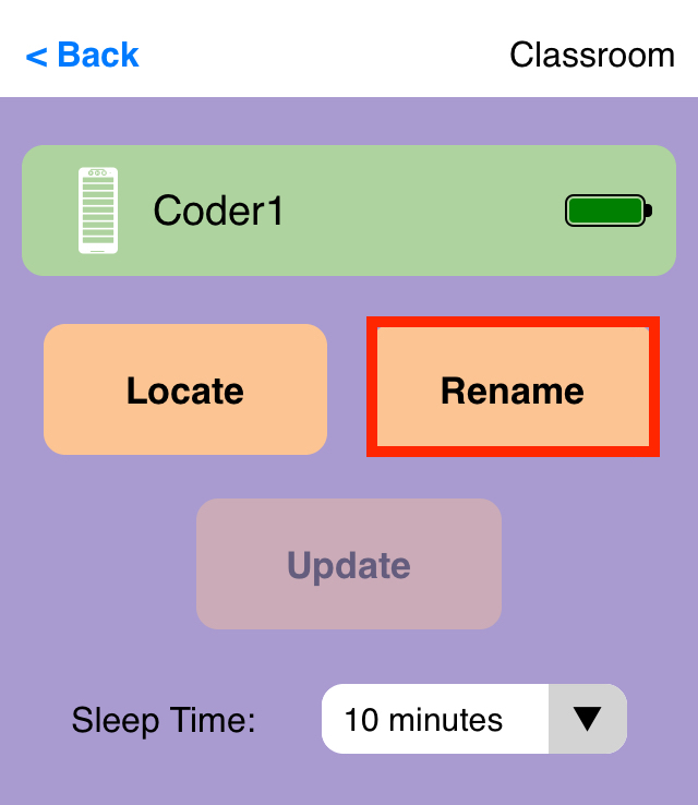 Näyttökaappaus VEX Classroom App -sovelluksesta, jossa koodaajan valikko avautuu ja 'Nimeä uudelleen' -painike oikealla korostettuna.