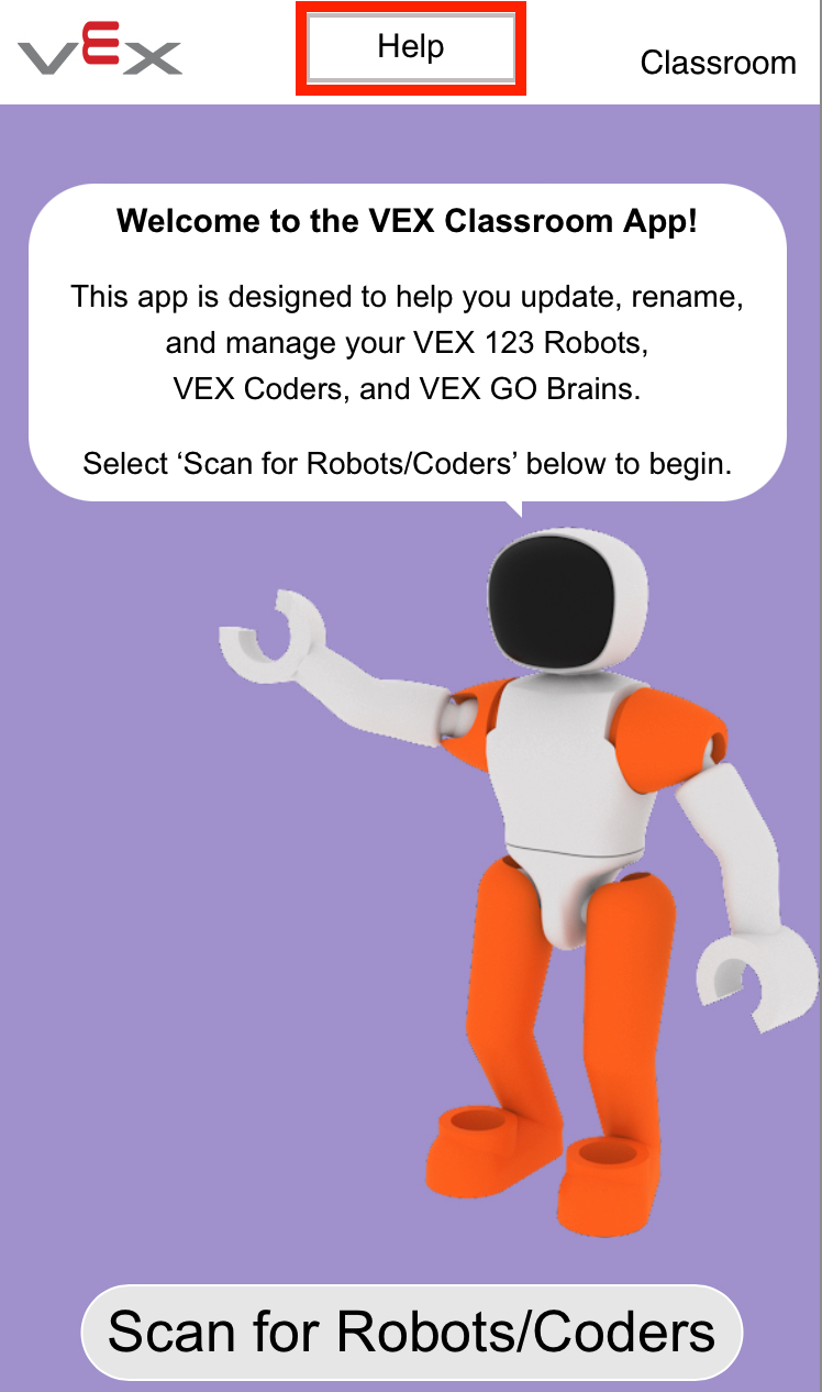 VEX Classroom 앱 시작 화면의 스크린샷입니다. 화면 상단에는 도움말이라고 적힌 강조된 버튼이 있습니다.