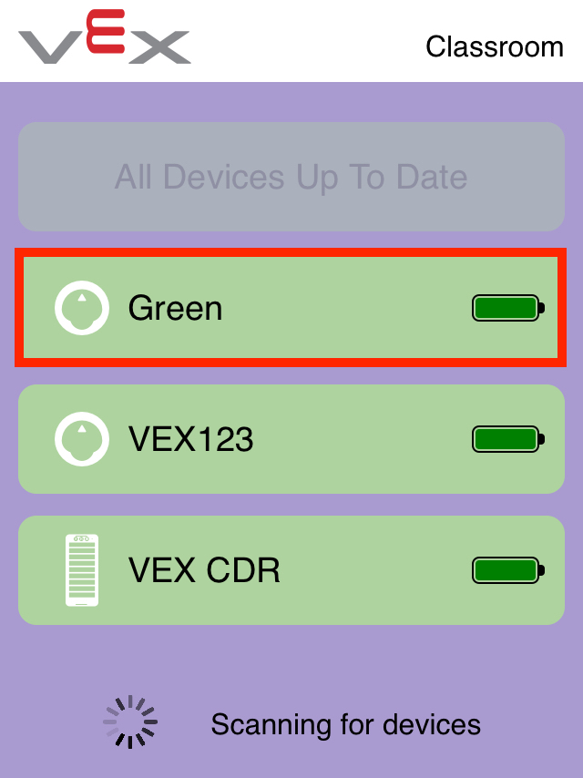 Captura de pantalla de la aplicación VEX Classroom con varios dispositivos VEX conectados en una lista. Se resalta un robot 123, lo que indica que se puede cambiar su nombre seleccionándolo.