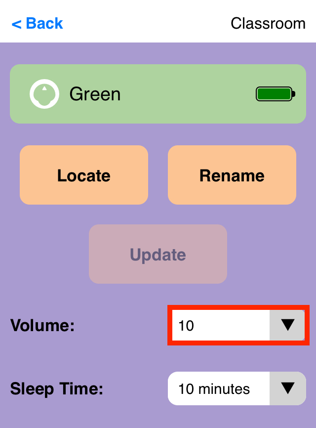 ภาพหน้าจอของแอป VEX Classroom ที่มีเมนูของหุ่นยนต์ 123 เปิดอยู่และเน้นค่าระดับเสียงที่อัปเดตที่มุมขวาล่าง