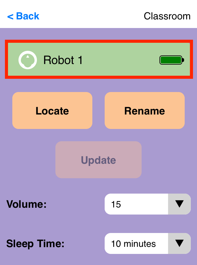 VEX Sınıf Uygulamasının ekran görüntüsü, 123 Robot menüsü açılmış ve ismi Robot 1 olarak değiştirilmiş.