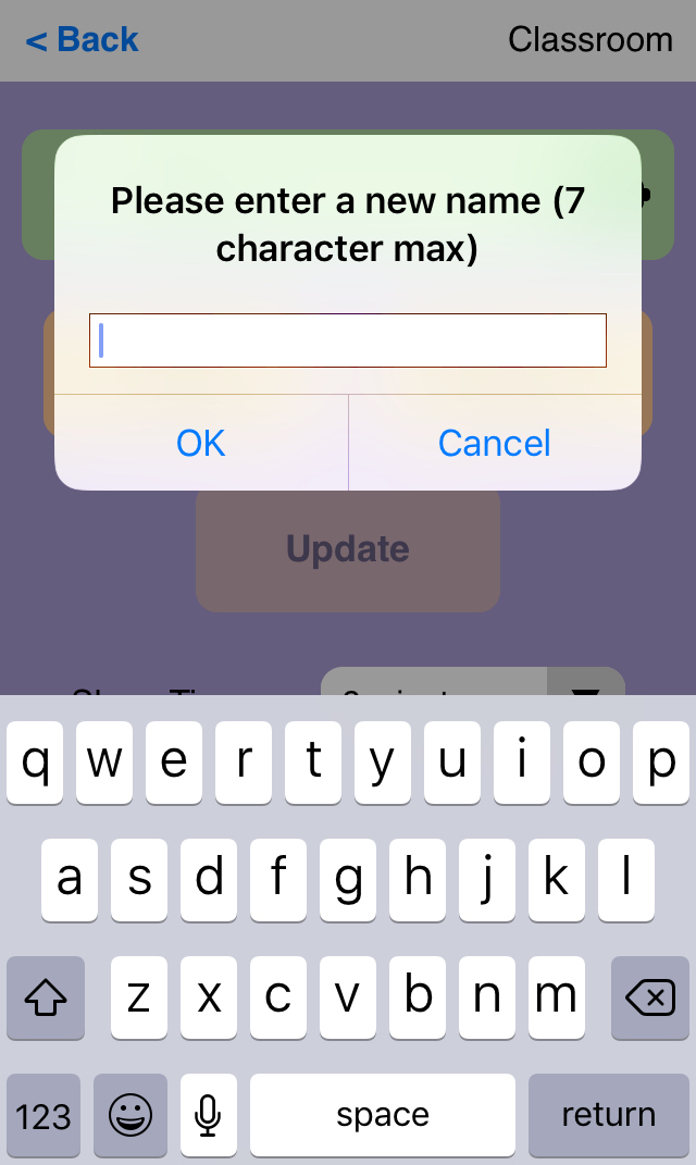 Screenshot der VEX Classroom App, nachdem die Schaltfläche „Umbenennen“ ausgewählt wurde. Die Eingabeaufforderung lautet „Bitte geben Sie einen neuen Namen ein (max. 7 Zeichen)“ und verfügt über ein Textfeld zur Eingabe des neuen Namens.
