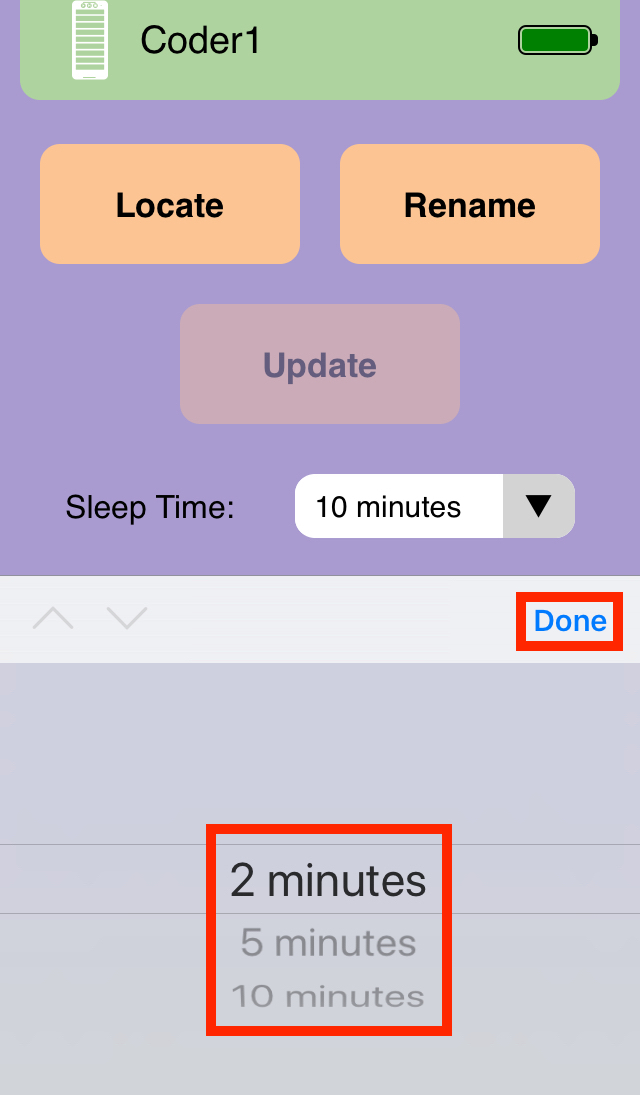 Captura de ecrã da aplicação VEX Classroom com o menu do programador aberto e o menu suspenso Tempo de suspensão aberto. O tempo de espera pode ser alterado para 2 minutos, 5 minutos ou 15 minutos antes de premir o botão Concluído para fechar o menu.