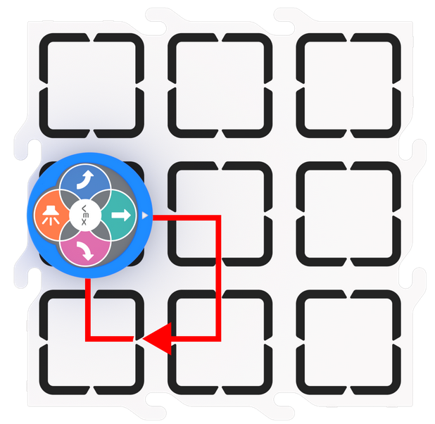 ഒരു ചതുരത്തിൽ സഞ്ചരിക്കാൻ ഉദ്ദേശിച്ച റൂട്ട് അടയാളപ്പെടുത്തുന്ന ഒരു വരയുള്ള ഒരു മൈതാനത്ത് 123 റോബോട്ടിന്റെ മുകളിൽ നിന്ന് താഴേക്കുള്ള കാഴ്ച.