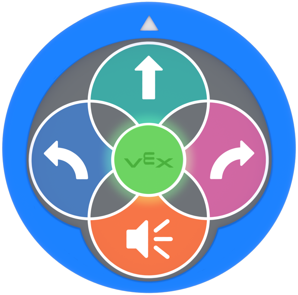 Vista de arriba hacia abajo del Robot 123 con la luz indicadora brillando en verde para indicar que está completamente cargado.