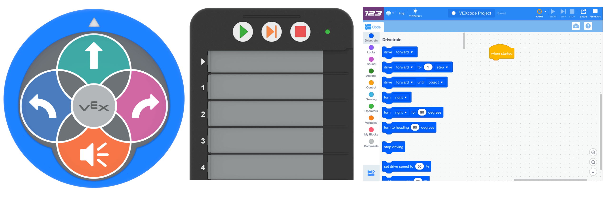 123 Robot, Coder және VEXcode 123 VEX 123 жүйесінде қол жетімді үш кодтау әдісін көрсету үшін қатар көрсетілген.