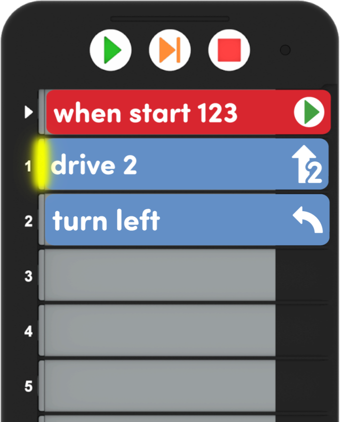 Programmeur met een project dat bestaat uit 3 kaarten en de volgende tekst bevat: Start 123, rijd 2 en sla dan linksaf. De gele stappenindicator bevindt zich op de Drive 2-kaart.