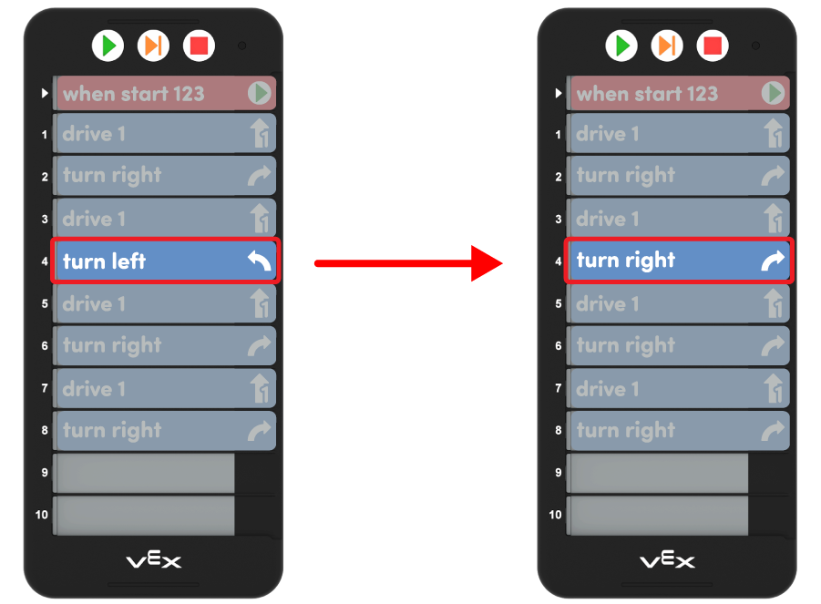 Projekt Coder řídit robota ve čtverci, nyní s opravenou kartou Turn left tím, že ji nahradíte kartou Turn right.