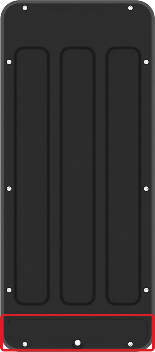 VEX kodavimo įrenginio galinės dalies vaizdas su paryškintu akumuliatoriaus dangteliu.