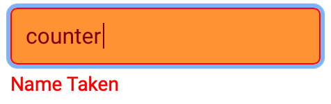 Exemplo de nome de variável inválido. O nome é 'counter', que já está definido no projeto. Um aviso diz Nome usado.