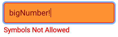 Esempio di nome di variabile non valido. Il nome recita "bigNumber!", che include un punto esclamativo. Un avviso riporta Simboli non consentiti.