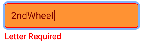 Ejemplo de un nombre de variable no válido. El nombre dice '2ndWheel', que comienza con un número. Una advertencia dice Carta requerida.
