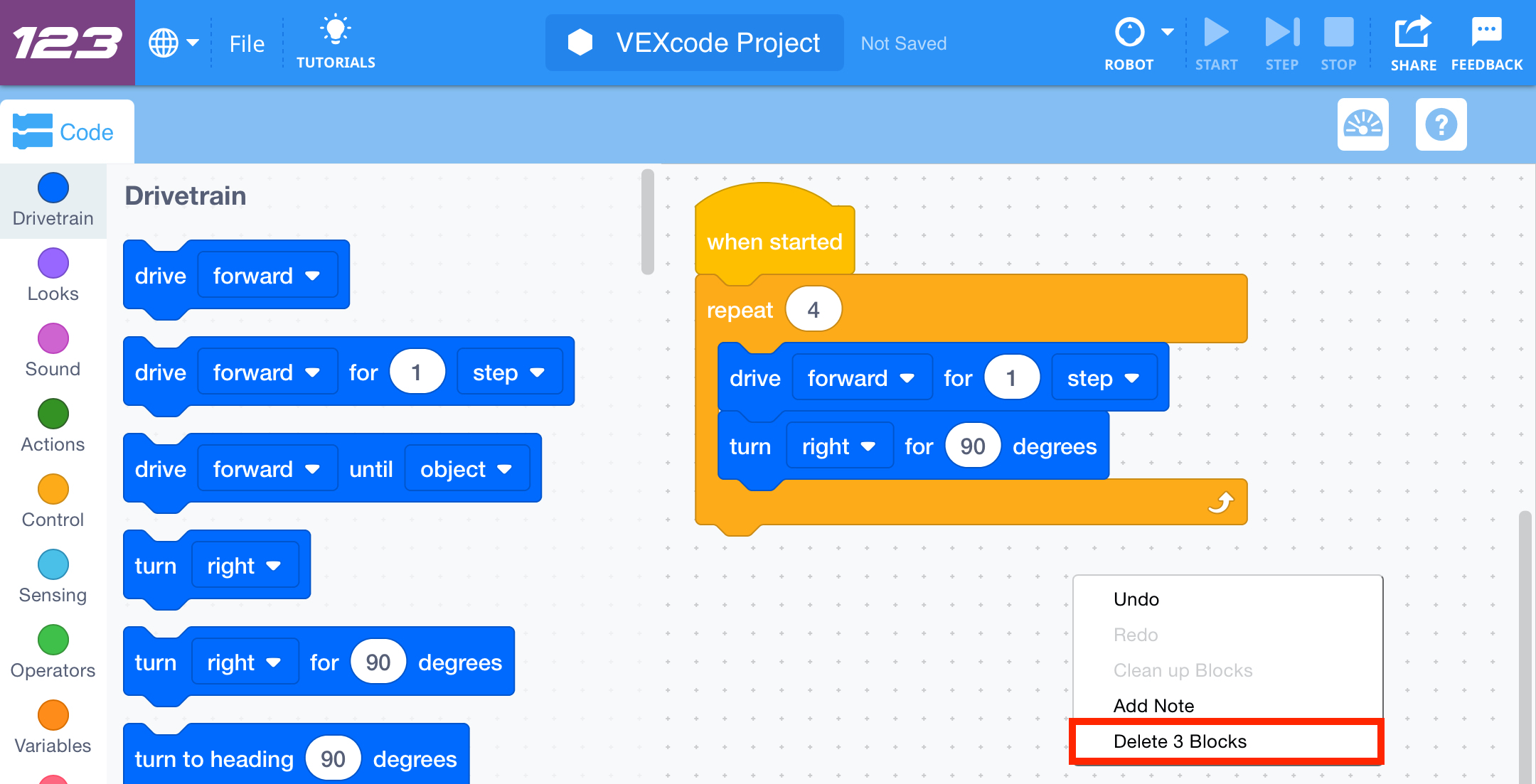 Робоча область програми VEXcode 123 із відкритим фоновим контекстним меню та виділеною опцією «Видалити блоки X». Ця опція видаляє всі блоки в робочій області.