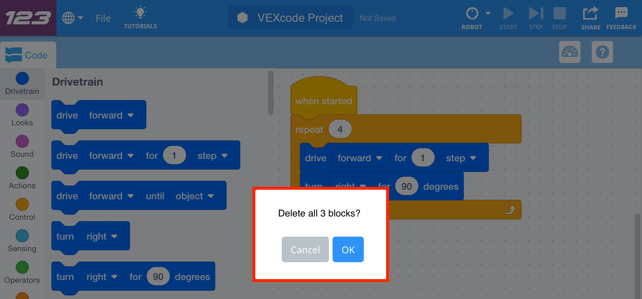Рабочее пространство приложения VEXcode 123 после выбора опции «Удалить X блоков». Появится запрос Удалить все блоки X? Пользователь может нажать «Отмена» или «ОК».