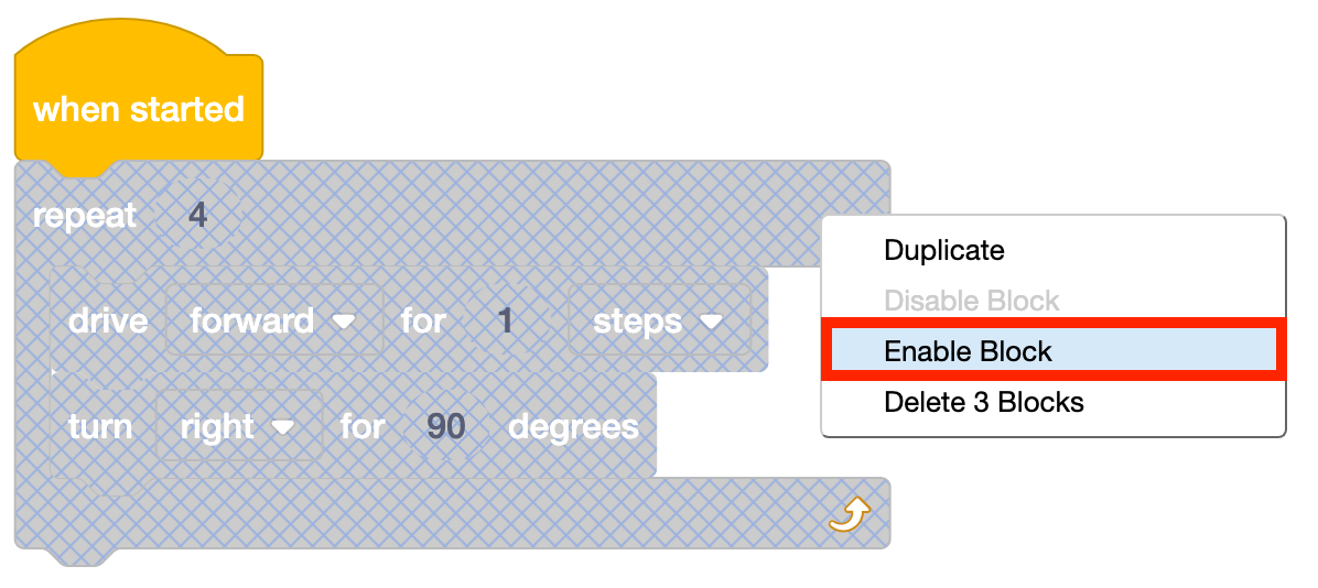 تم فتح مشروع VEXcode 123 Blocks مع قائمة سياق كتلة الحاوية المعطلة وإبراز خيار تمكين الكتلة.