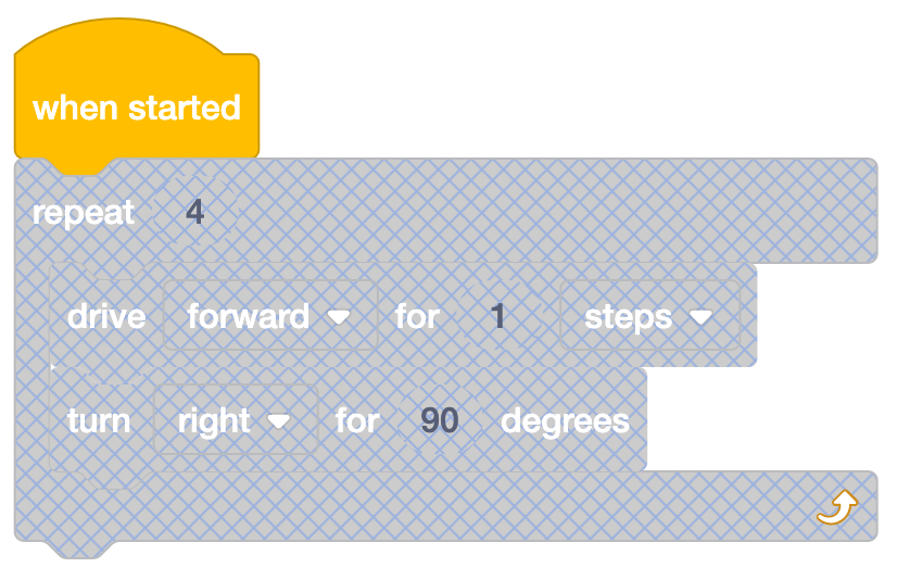 VEXcode 123 Blokkeert een project met een containerblok en alle geneste blokken zijn uitgeschakeld. De blokken zijn grijs en er staat een raster van diagonale lijnen overheen.