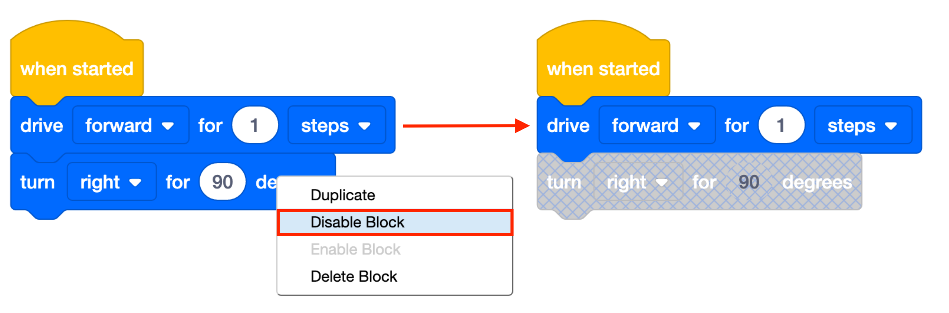 VEXcode 123 Blokkeert project met het contextmenu van een ingeschakeld blok geopend en de optie Blok uitschakelen gemarkeerd. Rechts ziet u het resultaat. Het geselecteerde blok is nu grijs, wat aangeeft dat het is uitgeschakeld.