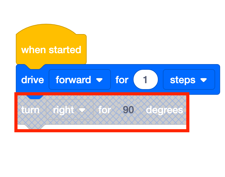 Projet VEXcode 123 Blocks contenant un bloc désactivé. Le bloc est grisé et comporte une grille de lignes diagonales dessus.