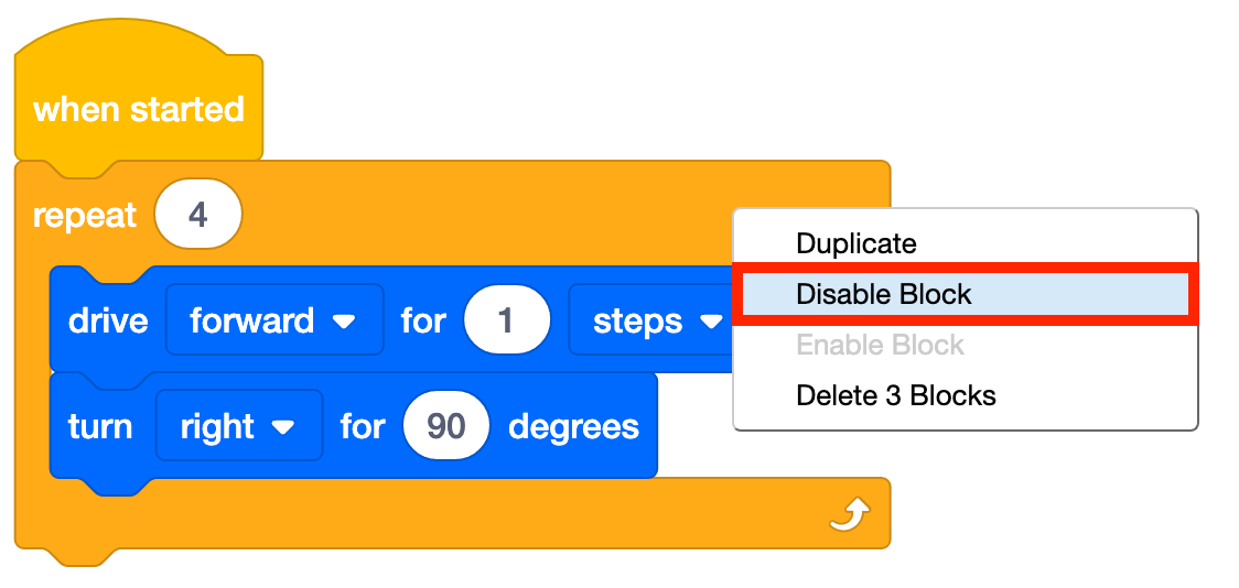 Projet VEXcode 123 Blocks avec le menu contextuel d'un bloc conteneur activé ouvert et l'option Désactiver le bloc en surbrillance.