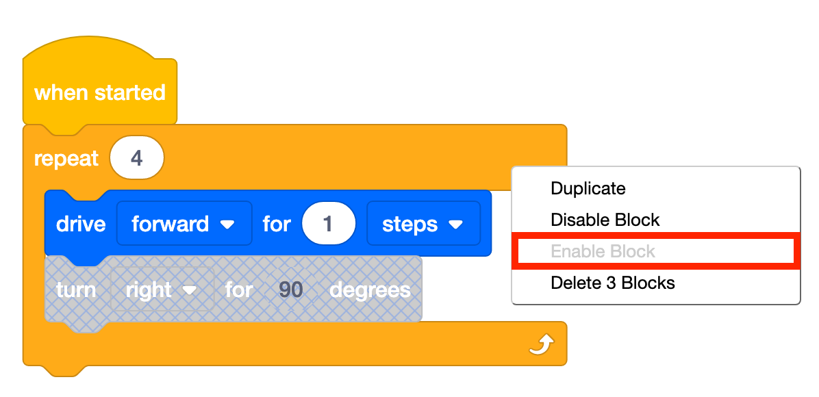 Projet VEXcode 123 Blocks avec le menu contextuel d'un bloc conteneur ouvert et l'option Activer le bloc en surbrillance mais grisée. L'un de ses blocs imbriqués est désactivé, mais l'option Activer le bloc n'est pas disponible puisque le bloc conteneur lui-même est toujours activé.