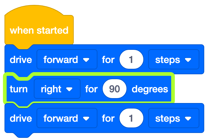 Projekt VEXcode 123 Blocks s Drive for block, Turn for block a další Drive for block. Blok Turn for je zvýrazněn zeleně, což ukazuje, že program dvakrát překročil a tento blok nyní běží.