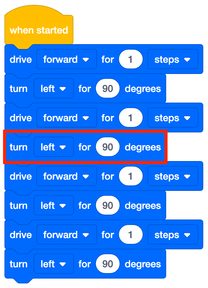 „VEXcode 123 Blocks“ projektas su 4 poromis „Drive for“ ir „Turn“ blokų, skirtų varyti robotą kvadratu. Neteisingas blokas paryškinamas, nurodant, kad kode yra klaida.