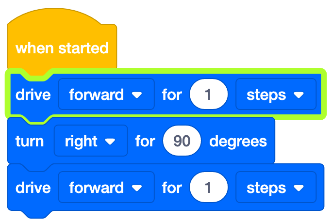 Projeto VEXcode 123 Blocks com um Drive for block, um Turn for block e outro Drive for block. O primeiro bloco Drive for é destacado a verde para mostrar que o programa avançou uma vez e este bloco está agora a ser executado.