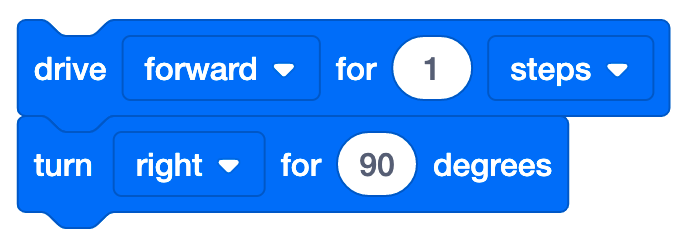 VEXcode 123 Drive untuk blok tumpukan dengan Turn untuk blok tumpukan terpasang di bawahnya.