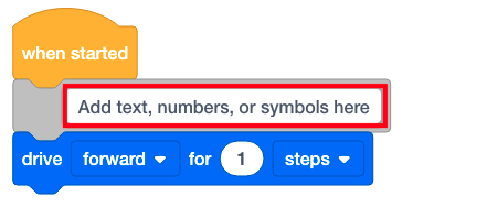 Projeto VEXcode com um bloco de comentários que tem um campo de texto destacado e diz 'Adicionar texto, números ou símbolos aqui'.