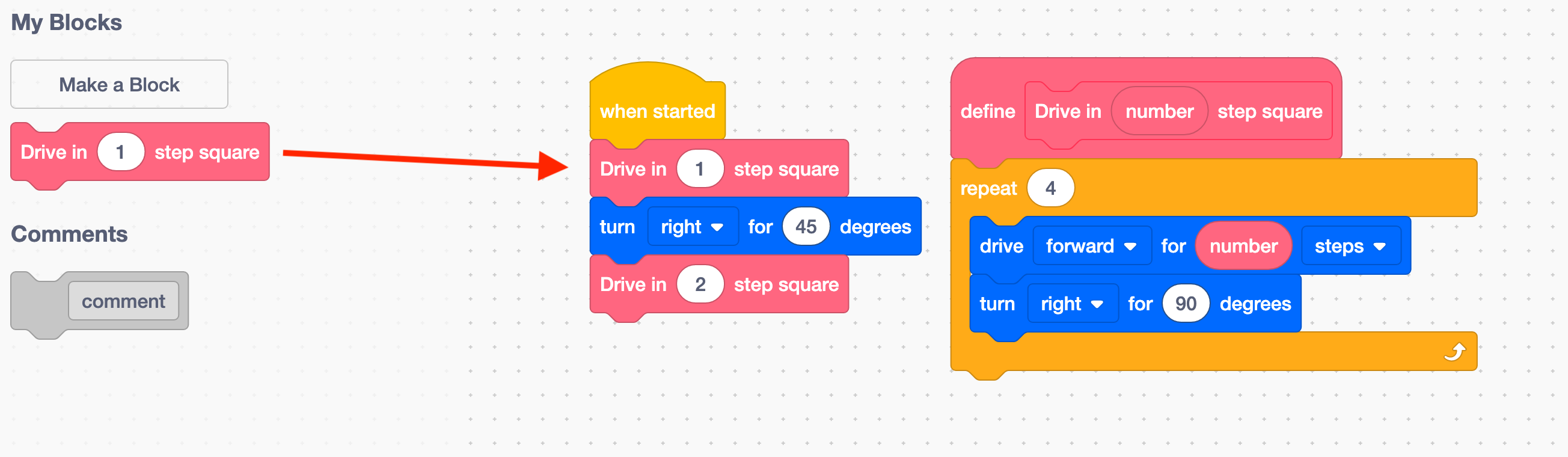 VEXcode 123 عند بدء تشغيل الكتلة التي تحتوي على ثلاث كتل أسفلها. أولاً، هناك كتلة أوامر مربع القيادة بخطوة واحدة، ثم الانعطاف إلى اليمين بزاوية 45 درجة، ثم كتلة أوامر مربع القيادة بخطوتين.