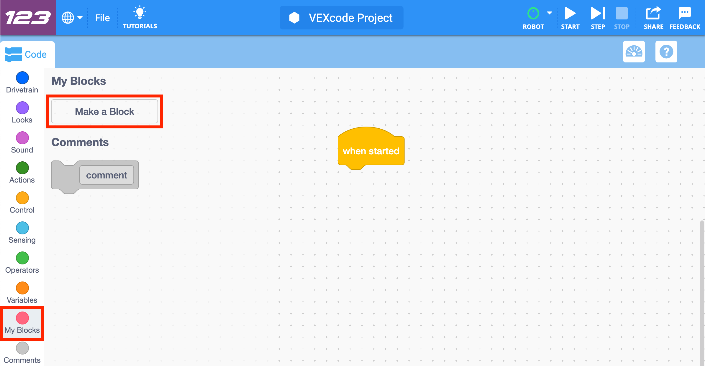 Barre d'outils VEXcode 123 avec la section Mes blocs affichée et le bouton Créer un bloc en surbrillance.