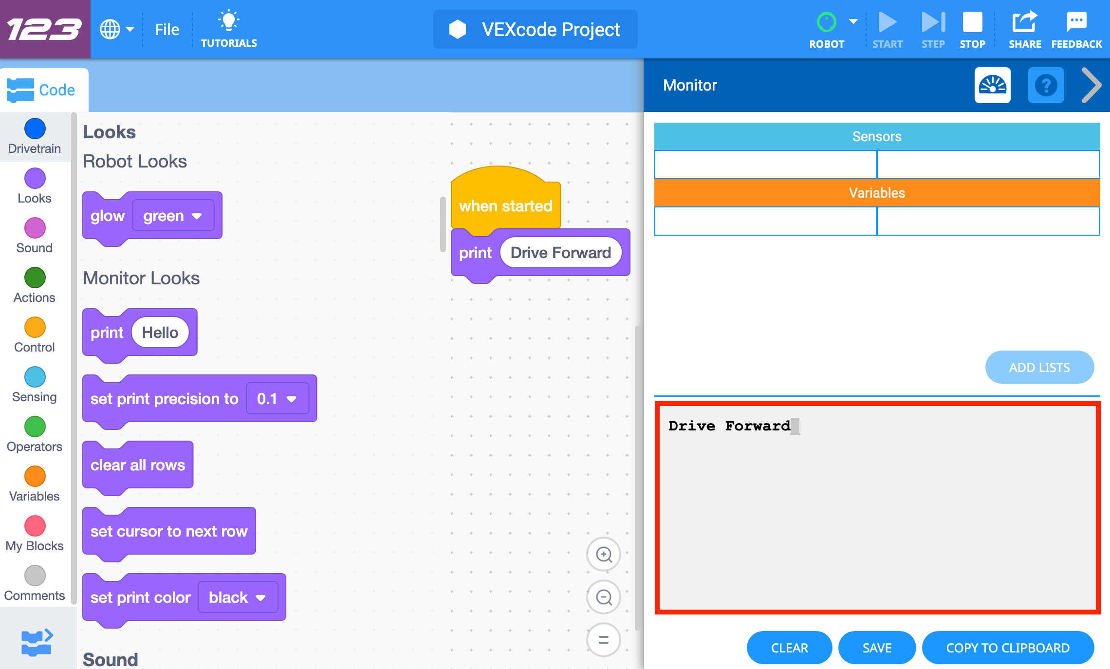 印刷コンソール メニューが開き、コンソールに「Drive Forward」という文字が印刷され、強調表示されます。