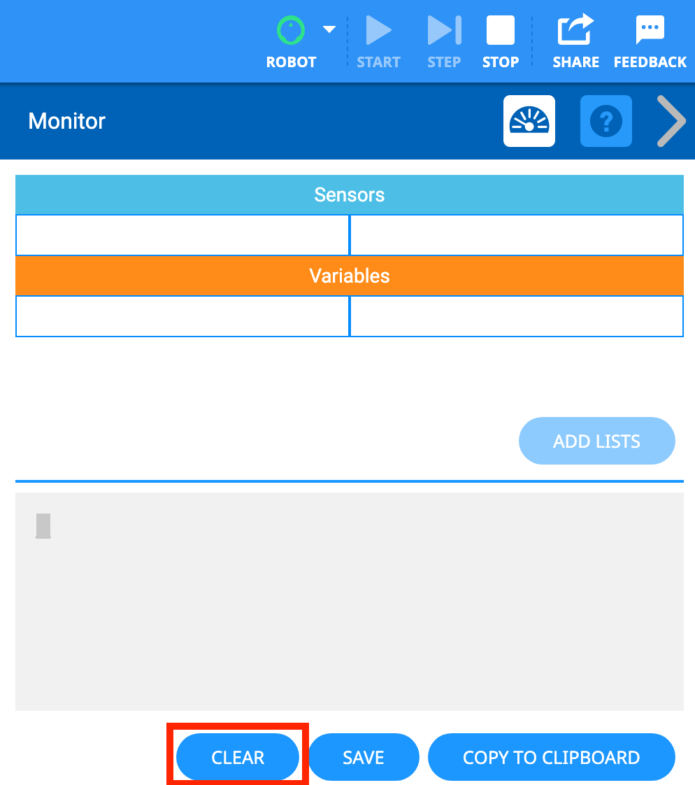 Print Console -valikko avautuu, kun Tyhjennä-painike on korostettu alla.