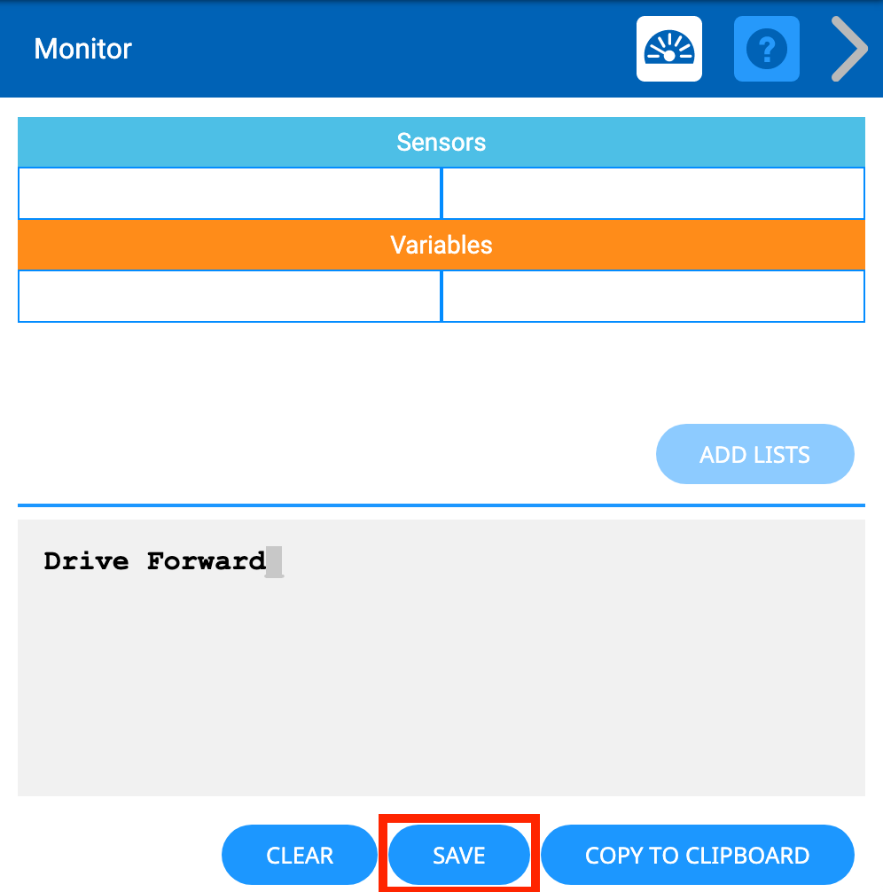 Het Print Console-menu is geopend met het woord 'Drive Forward' afgedrukt en de knop Opslaan eronder gemarkeerd.