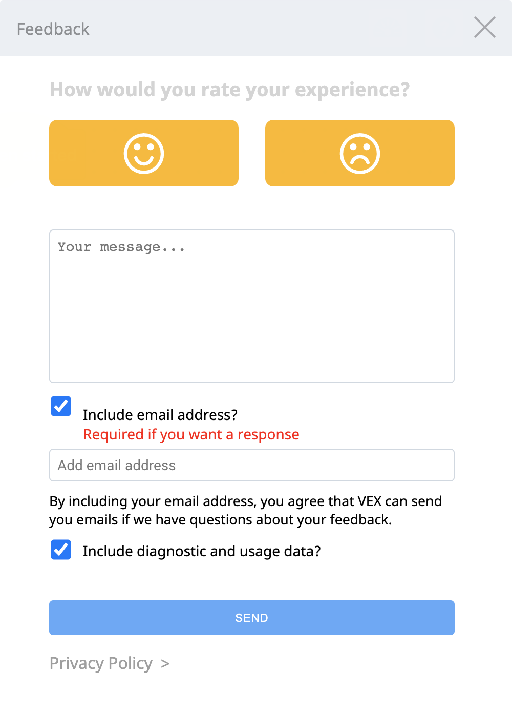 نافذة تعليقات VEXcode 123، تعرض واجهة المستخدم لتقديم التعليقات على تجربة VEXcode 123.