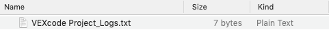 Se muestra el archivo de texto llamado 'VEXcode Project Logs.txt' descargado en el dispositivo del usuario.