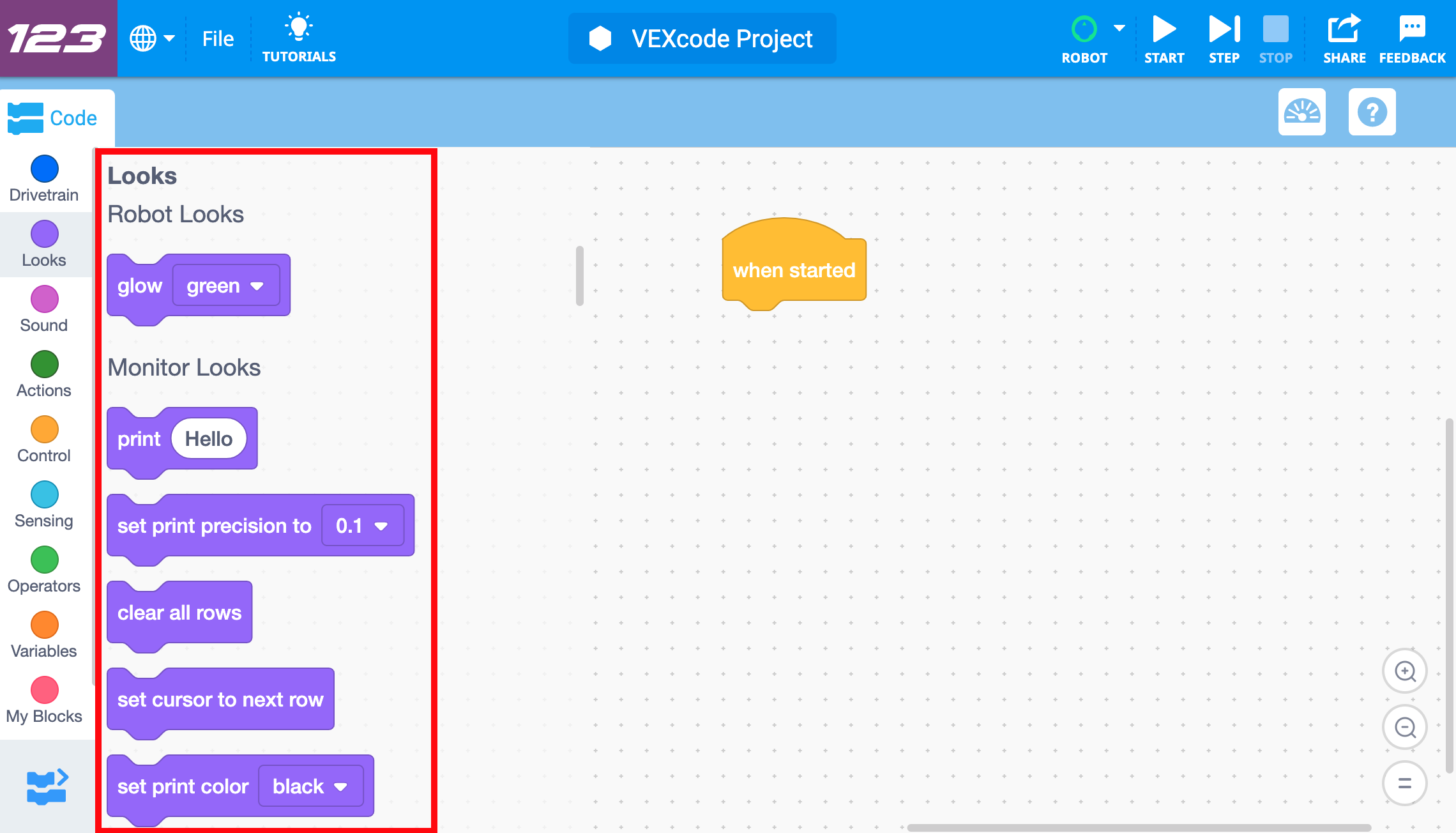 Панель инструментов VEXcode 123 с категорией блоков «Внешний вид», показанной и выделенной.